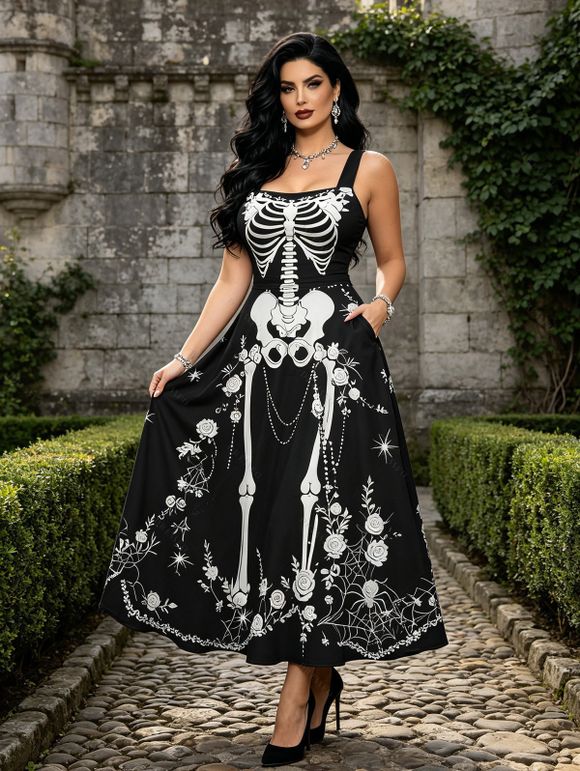 Halloween Gothic Couple Outfit Skeleton Rose Spider Web Print Pocket Square Neck Dress and Long Sleeve Shirt Set - Noir S | US 4