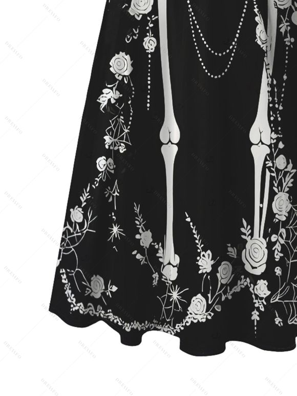 Halloween Gothic Couple Outfit Skeleton Rose Spider Web Print Pocket Square Neck Dress and Long Sleeve Shirt Set - Noir S | US 4
