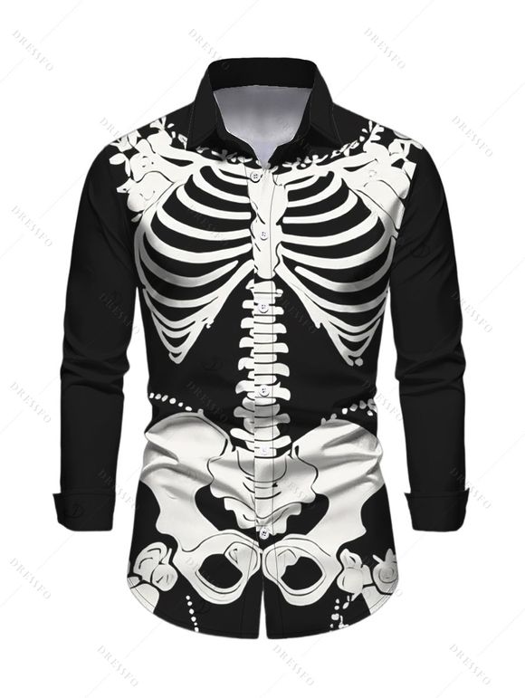 Halloween Gothic Couple Outfit Skeleton Rose Spider Web Print Pocket Square Neck Dress and Long Sleeve Shirt Set - Noir S | US 4