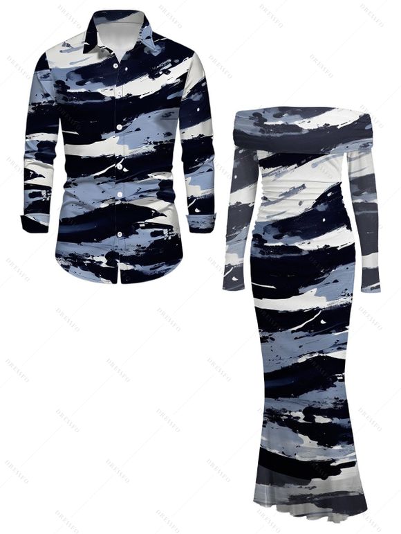 Winter Couple Outfit Artistic Ink Wash Brush Stroke Print Off the Shoulder Ruched Mesh Panel Bodycon Dress and Long Sleeve Shirt Set - Bleu profond S | US 4