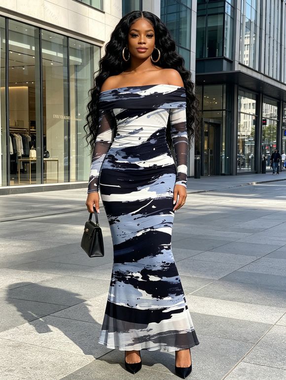 Winter Couple Outfit Artistic Ink Wash Brush Stroke Print Off the Shoulder Ruched Mesh Panel Bodycon Dress and Long Sleeve Shirt Set - Bleu profond S | US 4