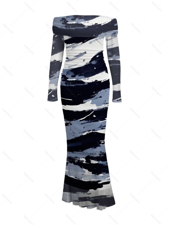 Winter Couple Outfit Artistic Ink Wash Brush Stroke Print Off the Shoulder Ruched Mesh Panel Bodycon Dress and Long Sleeve Shirt Set - Bleu profond S | US 4