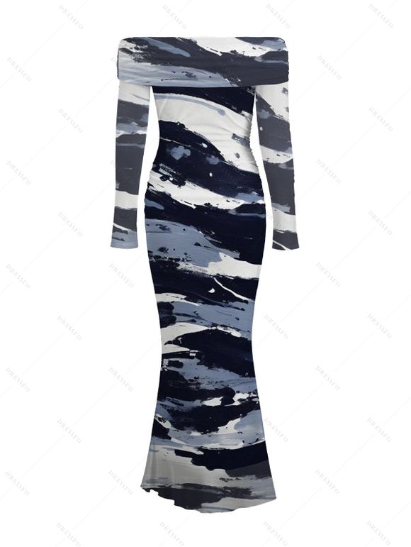 Winter Couple Outfit Artistic Ink Wash Brush Stroke Print Off the Shoulder Ruched Mesh Panel Bodycon Dress and Long Sleeve Shirt Set - Bleu profond S | US 4