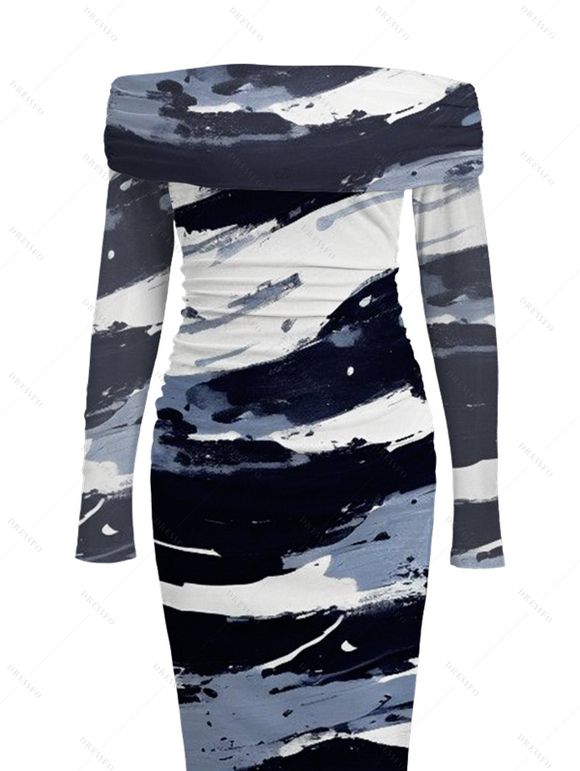 Winter Couple Outfit Artistic Ink Wash Brush Stroke Print Off the Shoulder Ruched Mesh Panel Bodycon Dress and Long Sleeve Shirt Set - Bleu profond S | US 4