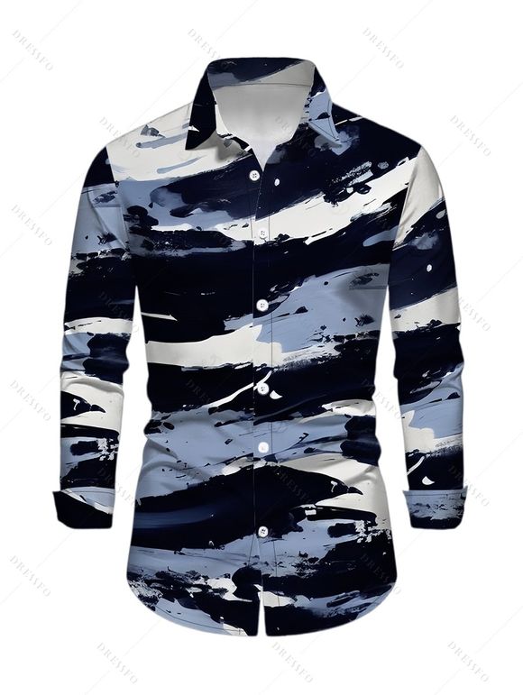 Winter Couple Outfit Artistic Ink Wash Brush Stroke Print Off the Shoulder Ruched Mesh Panel Bodycon Dress and Long Sleeve Shirt Set - Bleu profond S | US 4