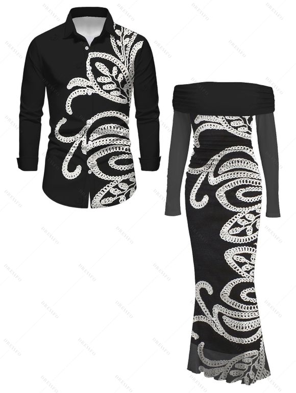 Vintage Couple Outfit Crochet Hollow Out Pattern Off the Shoulder Ruched Mesh Panel Bodycon Dress and Long Sleeve Shirt Set - Noir S | US 4