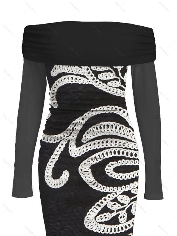 Vintage Couple Outfit Crochet Hollow Out Pattern Off the Shoulder Ruched Mesh Panel Bodycon Dress and Long Sleeve Shirt Set - Noir S | US 4