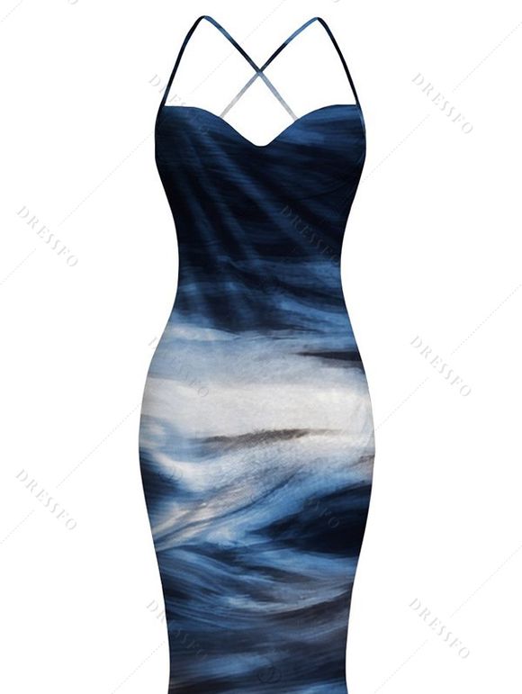 Elegant Vacation Dress Oil Painting Wave Tie Dye Print Mesh Panel Crisscross Draped Bodycon Dress - Bleu S | US 4