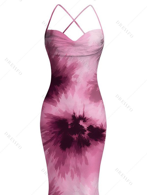 Elegant Party Dress Tie Dye Crisscross Draped Mesh Panel Bodycon Dress - Pourpre L | US 8-10