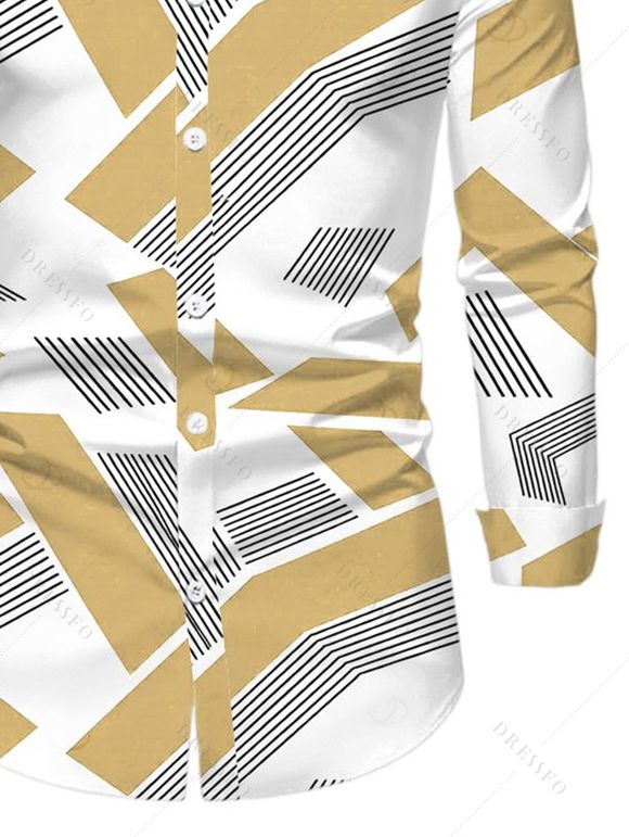 Men's Casual Shirt Colorblock Geometric Striped Print Button Up Long Sleeve Shirt - café 5XL