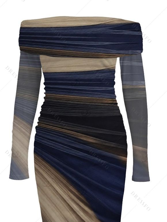 Elegant Party Dress Tie Dye Print Off the Shoulder Ruched Mesh Panel Bodycon Dress - Cadetblue S | US 4
