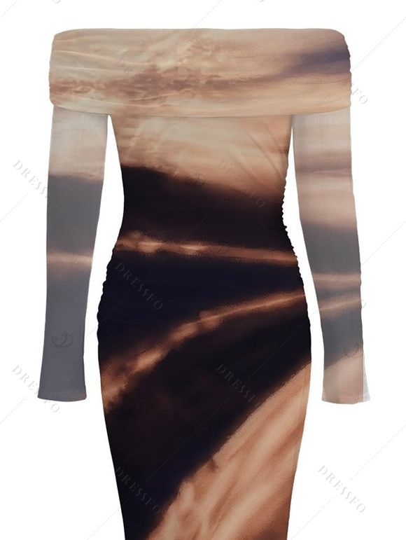 Elegant Party Dress Tie Dye Print Off the Shoulder Ruched Mesh Panel Bodycon Dress - Brun S | US 4
