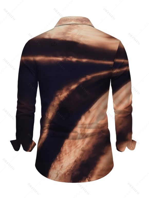 Men's Casual Shirt Ombre Tie Dye Print Button Up Long Sleeve Shirt - Brun XL