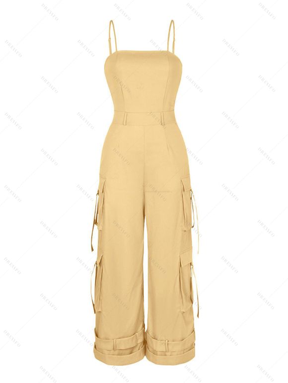 Vintage Couple Outfit Solid Color Multi-pockets Spaghetti Strap Jumpsuit and Geometric Striped Print Shirt Set - café lumière S | US 4