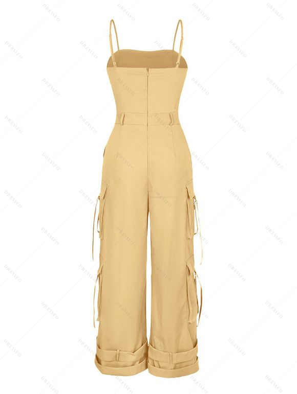 Vintage Couple Outfit Solid Color Multi-pockets Spaghetti Strap Jumpsuit and Geometric Striped Print Shirt Set - café lumière S | US 4