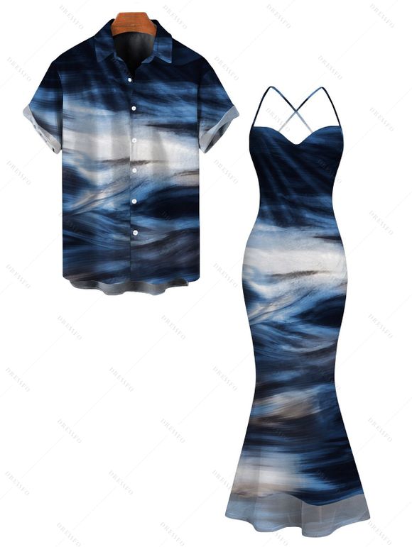Vacation Couple Outfit Oil Painting Wave Tie Dye Print Mesh Panel Crisscross Draped Bodycon Dress and Shirt Set - Bleu profond S | US 4