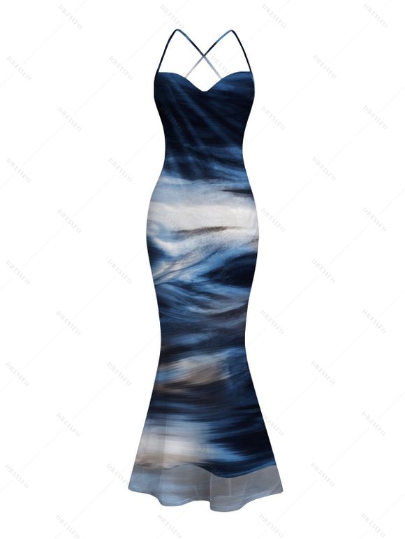 Vacation Couple Outfit Oil Painting Wave Tie Dye Print Mesh Panel Crisscross Draped Bodycon Dress and Shirt Set - Bleu profond S | US 4