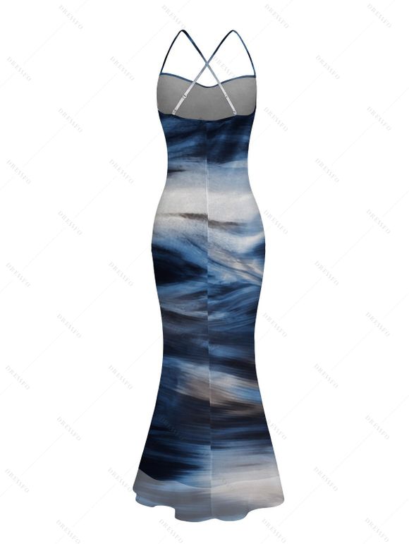 Vacation Couple Outfit Oil Painting Wave Tie Dye Print Mesh Panel Crisscross Draped Bodycon Dress and Shirt Set - Bleu profond S | US 4
