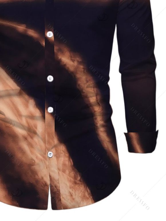 Men's Casual Shirt Ombre Tie Dye Print Button Up Long Sleeve Shirt - Brun XL