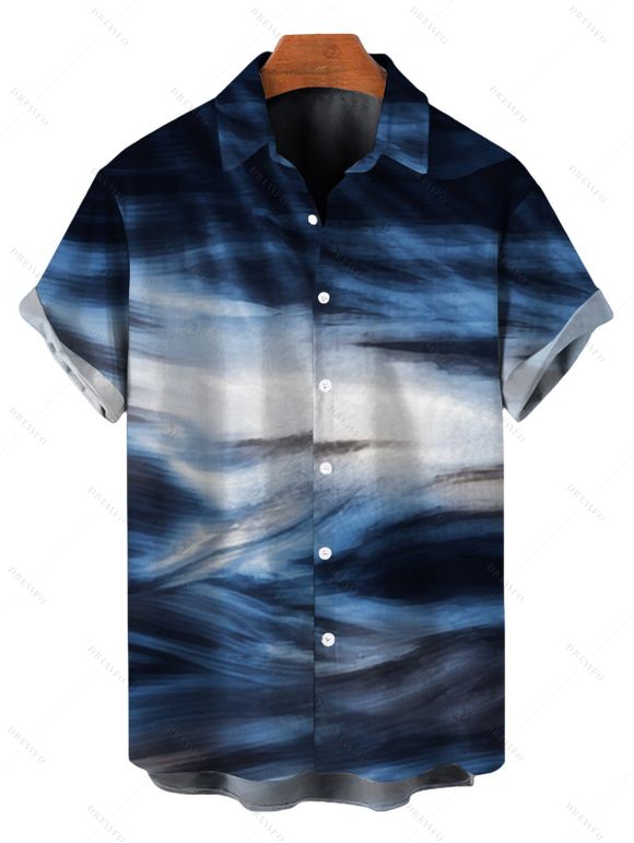 Vacation Couple Outfit Oil Painting Wave Tie Dye Print Mesh Panel Crisscross Draped Bodycon Dress and Shirt Set - Bleu profond S | US 4