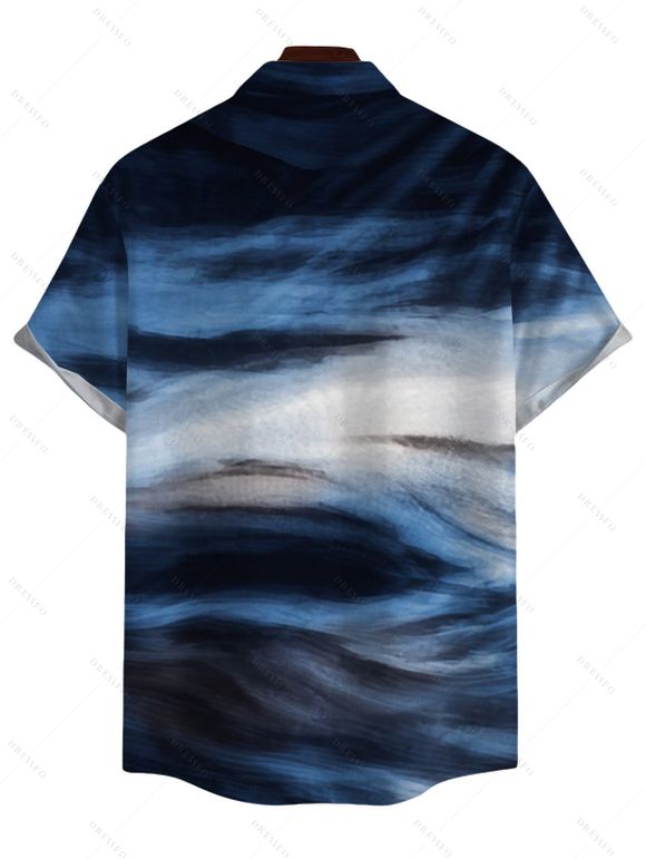 Vacation Couple Outfit Oil Painting Wave Tie Dye Print Mesh Panel Crisscross Draped Bodycon Dress and Shirt Set - Bleu profond S | US 4