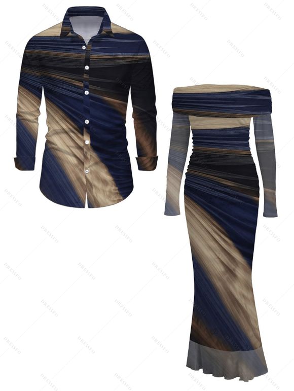 Vintage Couple Outfit Tie Dye Print Off the Shoulder Ruched Mesh Panel Bodycon Dress and Long Sleeve Shirt Set - Bleu profond S | US 4