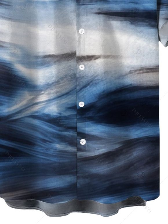 Men's Vacation Shirt Oil Painting Wave Tie Dye Print Button Up Shirt - Bleu S