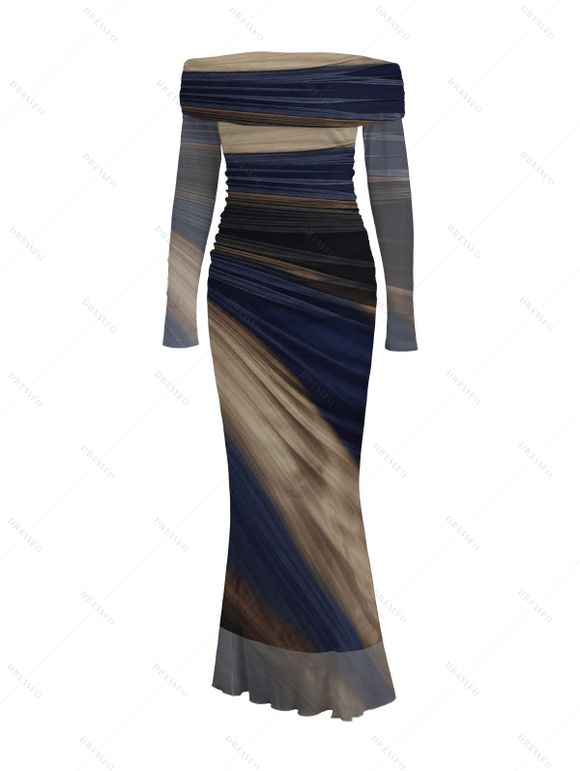 Vintage Couple Outfit Tie Dye Print Off the Shoulder Ruched Mesh Panel Bodycon Dress and Long Sleeve Shirt Set - Bleu profond S | US 4