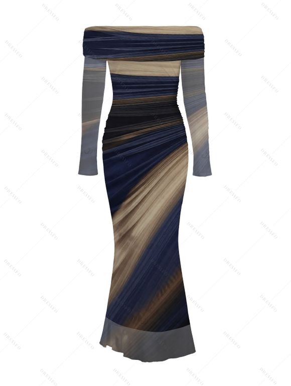Vintage Couple Outfit Tie Dye Print Off the Shoulder Ruched Mesh Panel Bodycon Dress and Long Sleeve Shirt Set - Bleu profond S | US 4