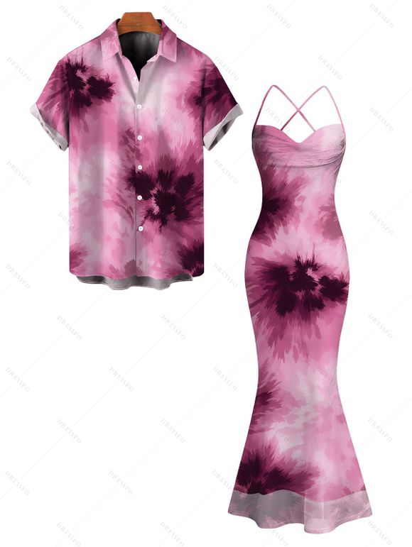 Vacation Couple Outfit Tie Dye Crisscross Draped Mesh Panel Bodycon Dress and Shirt Set - Rose S | US 4