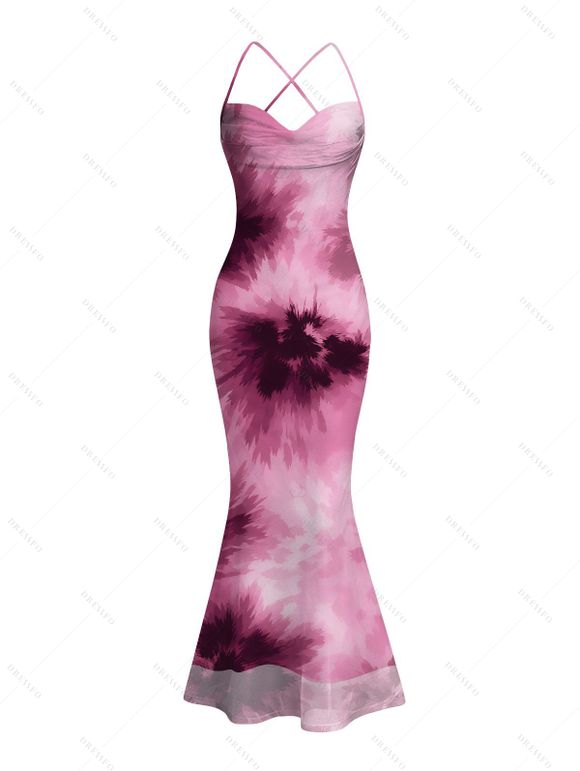 Vacation Couple Outfit Tie Dye Crisscross Draped Mesh Panel Bodycon Dress and Shirt Set - Rose S | US 4