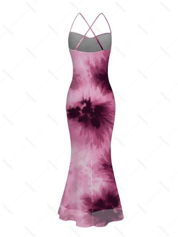 Vacation Couple Outfit Tie Dye Crisscross Draped Mesh Panel Bodycon Dress and Shirt Set - Rose S | US 4