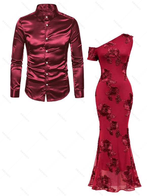 Burgundy Party Couple Outfit 3D Applique One Shoulder Short Sleeve Mermaid Bodycon Dress and Satin Shirt Set - Rouge Vineux S | US 4