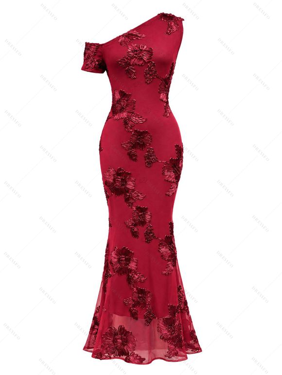 Burgundy Party Couple Outfit 3D Applique One Shoulder Short Sleeve Mermaid Bodycon Dress and Satin Shirt Set - Rouge Vineux S | US 4