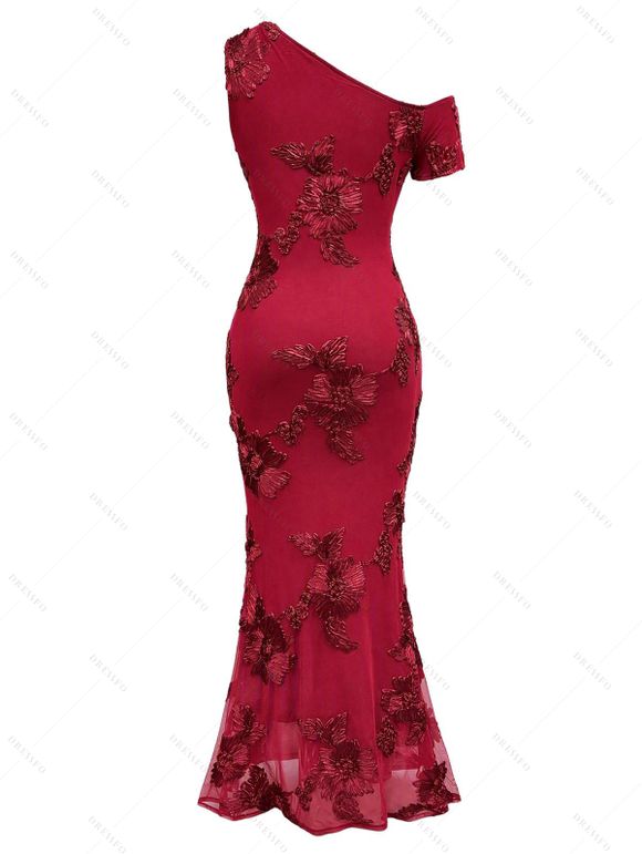 Burgundy Party Couple Outfit 3D Applique One Shoulder Short Sleeve Mermaid Bodycon Dress and Satin Shirt Set - Rouge Vineux S | US 4