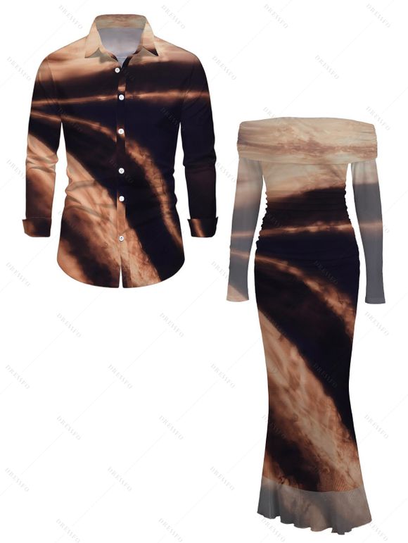 Vintage Couple Outfit Tie Dye Print Off the Shoulder Ruched Mesh Panel Bodycon Dress and Long Sleeve Shirt Set - Brun S | US 4