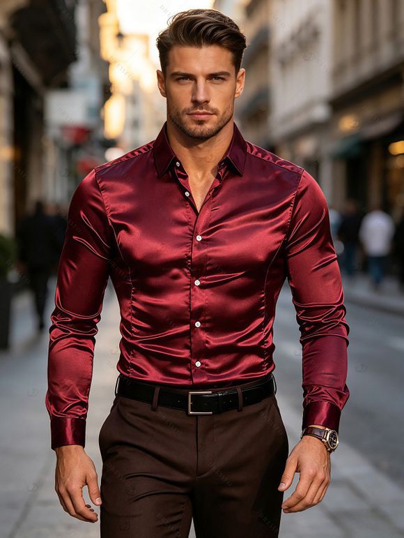 Burgundy Party Couple Outfit 3D Applique One Shoulder Short Sleeve Mermaid Bodycon Dress and Satin Shirt Set - Rouge Vineux S | US 4