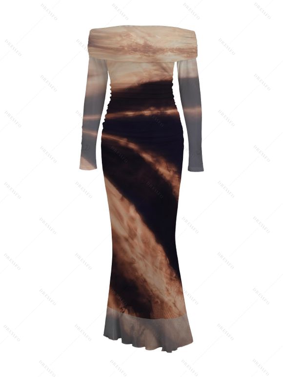 Vintage Couple Outfit Tie Dye Print Off the Shoulder Ruched Mesh Panel Bodycon Dress and Long Sleeve Shirt Set - Brun S | US 4