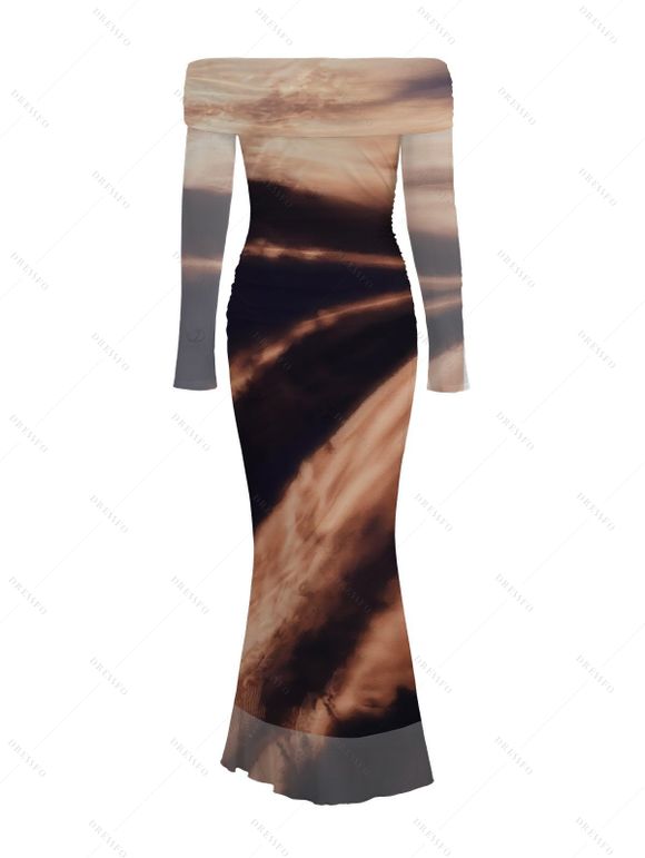 Vintage Couple Outfit Tie Dye Print Off the Shoulder Ruched Mesh Panel Bodycon Dress and Long Sleeve Shirt Set - Brun S | US 4