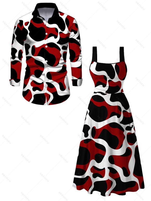Vintage Couple Outfit Colorblock Abstract Irregular Print Pockets Square Neck A Line Dress and Long Sleeve Shirt Set - Noir S | US 4