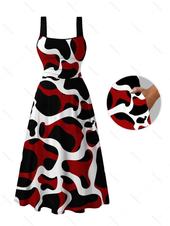 Vintage Couple Outfit Colorblock Abstract Irregular Print Pockets Square Neck A Line Dress and Long Sleeve Shirt Set - Noir S | US 4