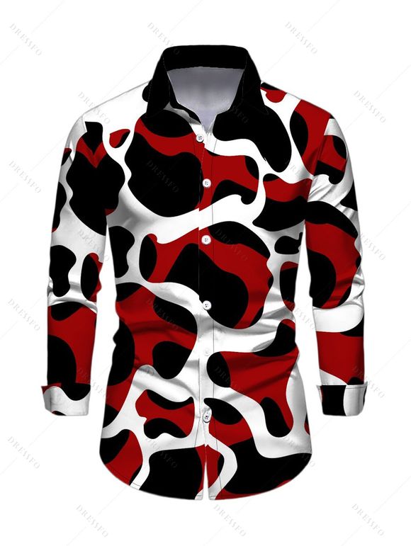 Vintage Couple Outfit Colorblock Abstract Irregular Print Pockets Square Neck A Line Dress and Long Sleeve Shirt Set - Noir S | US 4