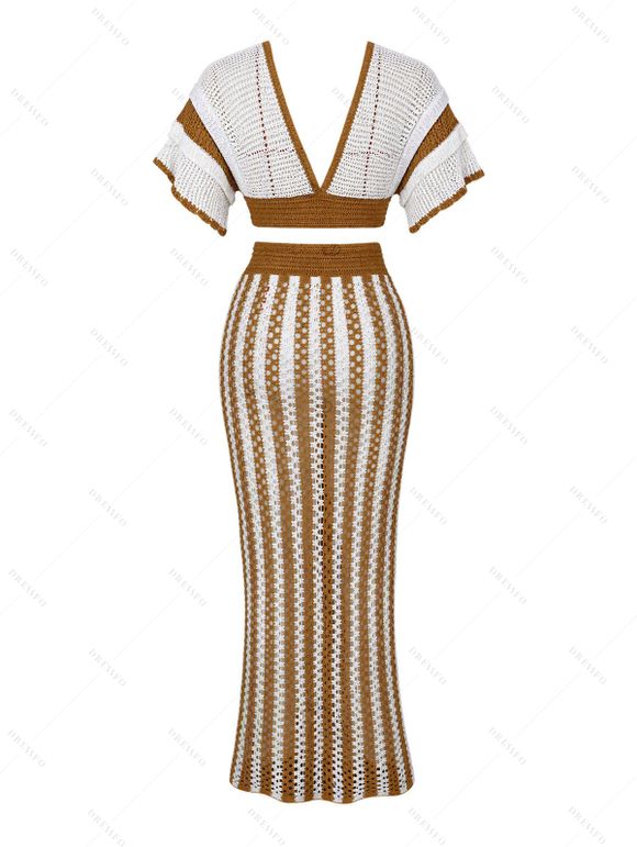 Bohemian Women Outfit Colorblock Hollow Out V Neck Cropped Top and Striped Tied Knitted Bodycon Skirt Set - café S | US 4