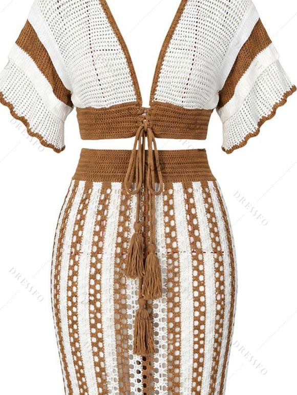Bohemian Women Outfit Colorblock Hollow Out V Neck Cropped Top and Striped Tied Knitted Bodycon Skirt Set - café S | US 4