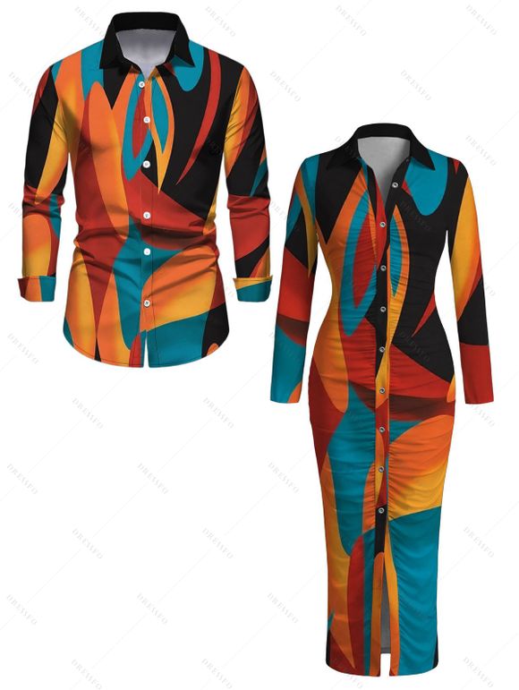 Vintage Couple Outfit Colorblock Abstract Geometric Print Ruched Turn Down Collar Bodycon Shirt Dress and Long Sleeve Shirt Set - multicolor A S | US 4
