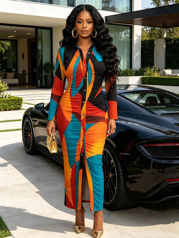 Vintage Couple Outfit Colorblock Abstract Geometric Print Ruched Turn Down Collar Bodycon Shirt Dress and Long Sleeve Shirt Set - multicolor A S | US 4