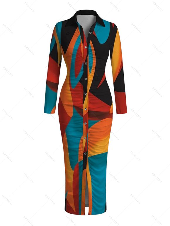 Vintage Couple Outfit Colorblock Abstract Geometric Print Ruched Turn Down Collar Bodycon Shirt Dress and Long Sleeve Shirt Set - multicolor A S | US 4