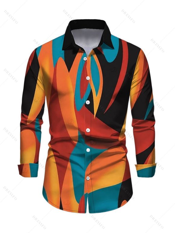 Vintage Couple Outfit Colorblock Abstract Geometric Print Ruched Turn Down Collar Bodycon Shirt Dress and Long Sleeve Shirt Set - multicolor A S | US 4
