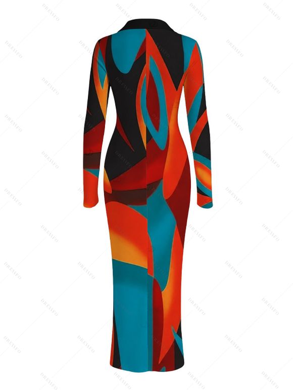Vintage Shirt Dress Colorblock Abstract Geometric Print Ruched Turn Down Collar Bodycon Dress - multicolor A XL | US 12