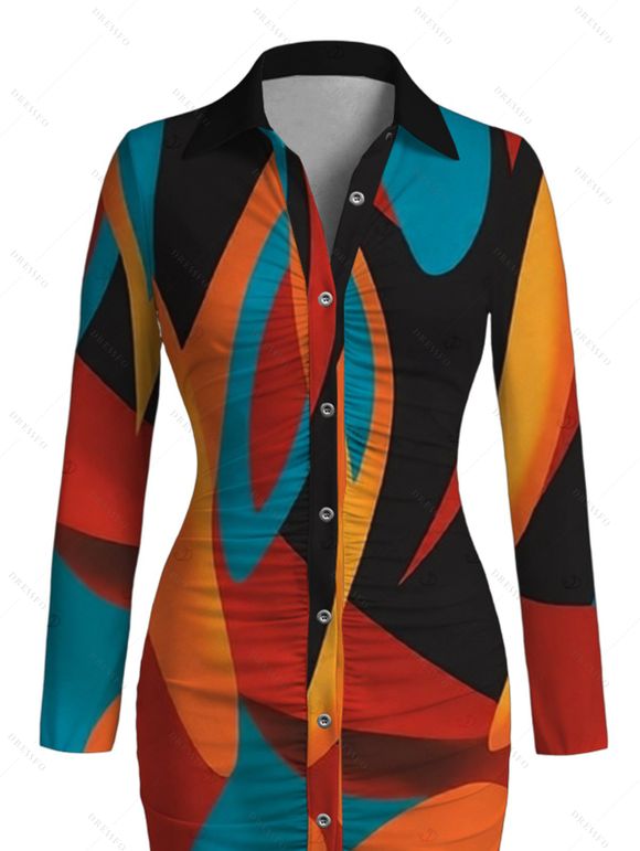 Vintage Shirt Dress Colorblock Abstract Geometric Print Ruched Turn Down Collar Bodycon Dress - multicolor A XL | US 12